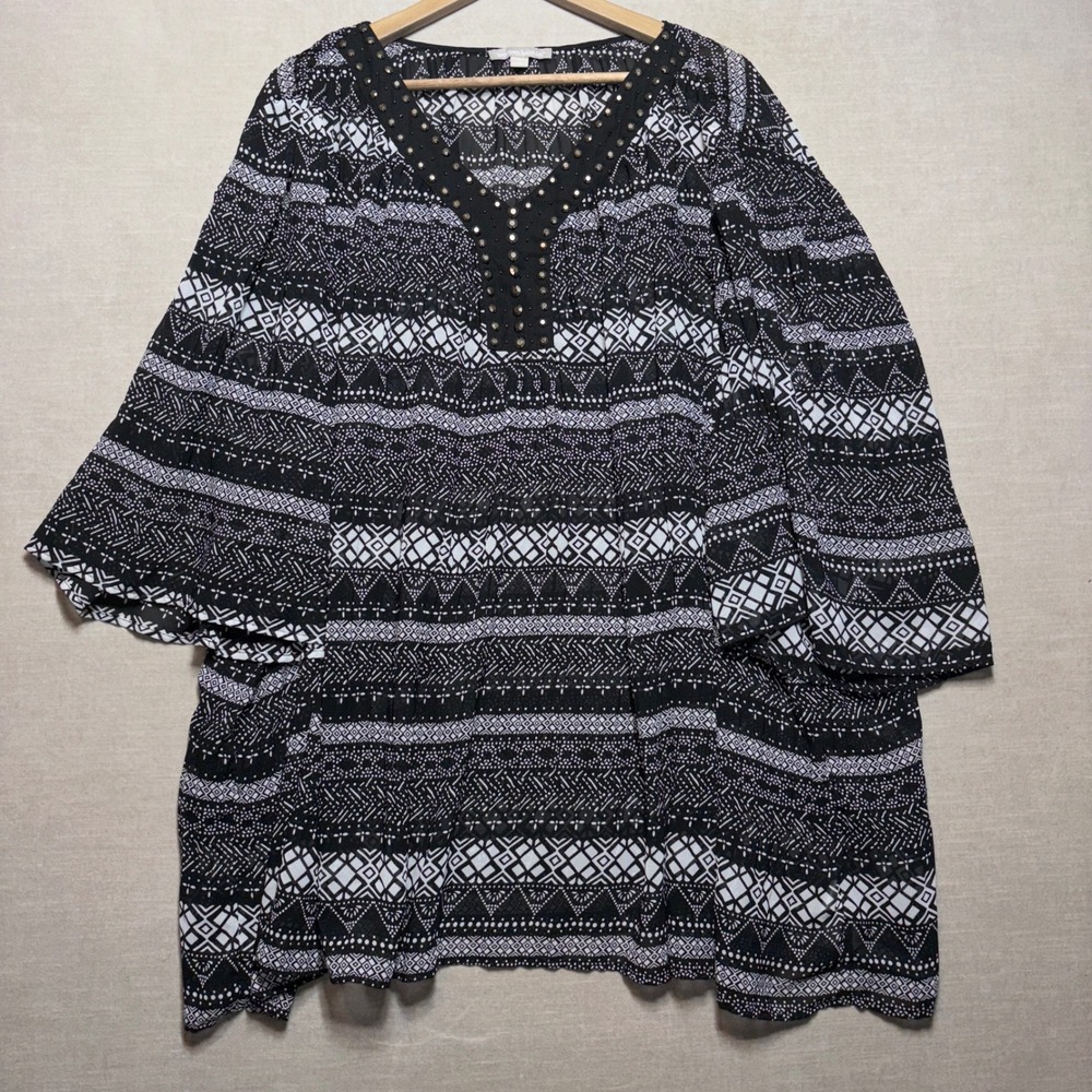 Woman Within Geometric Print Embellished V Neck Tunic‎ Top Plus Size 2X 26 28